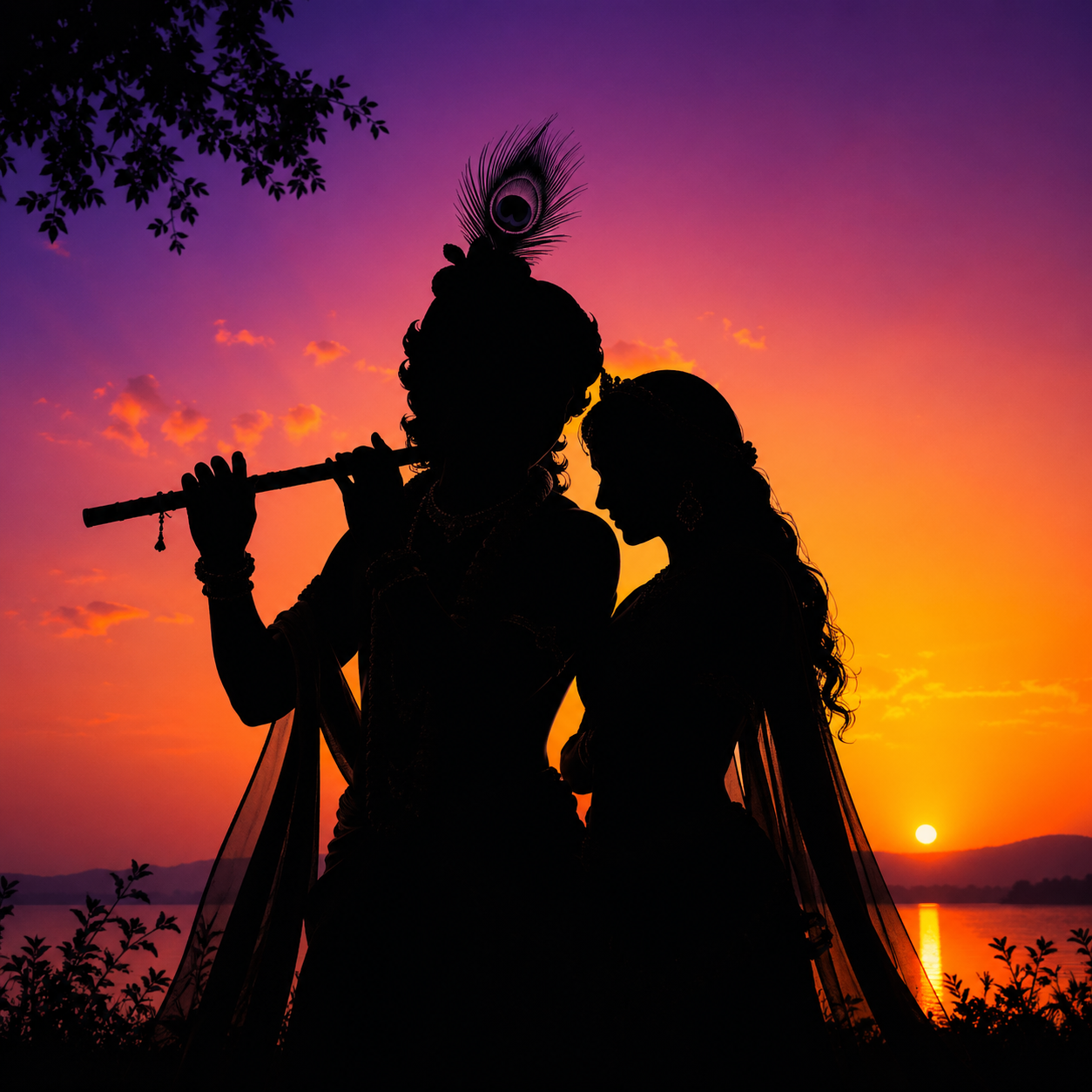 Artistic Radha Krishna silhouette against dramatic purple and orange sky gradient